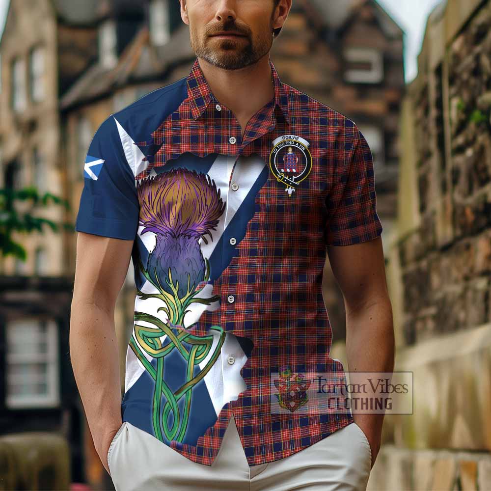 Tartan Vibes Clothing Ogilvie (Ogilvy) Tartan Family Crest Short Sleeve Button Shirt Scottish Thistle Celtic Inspired