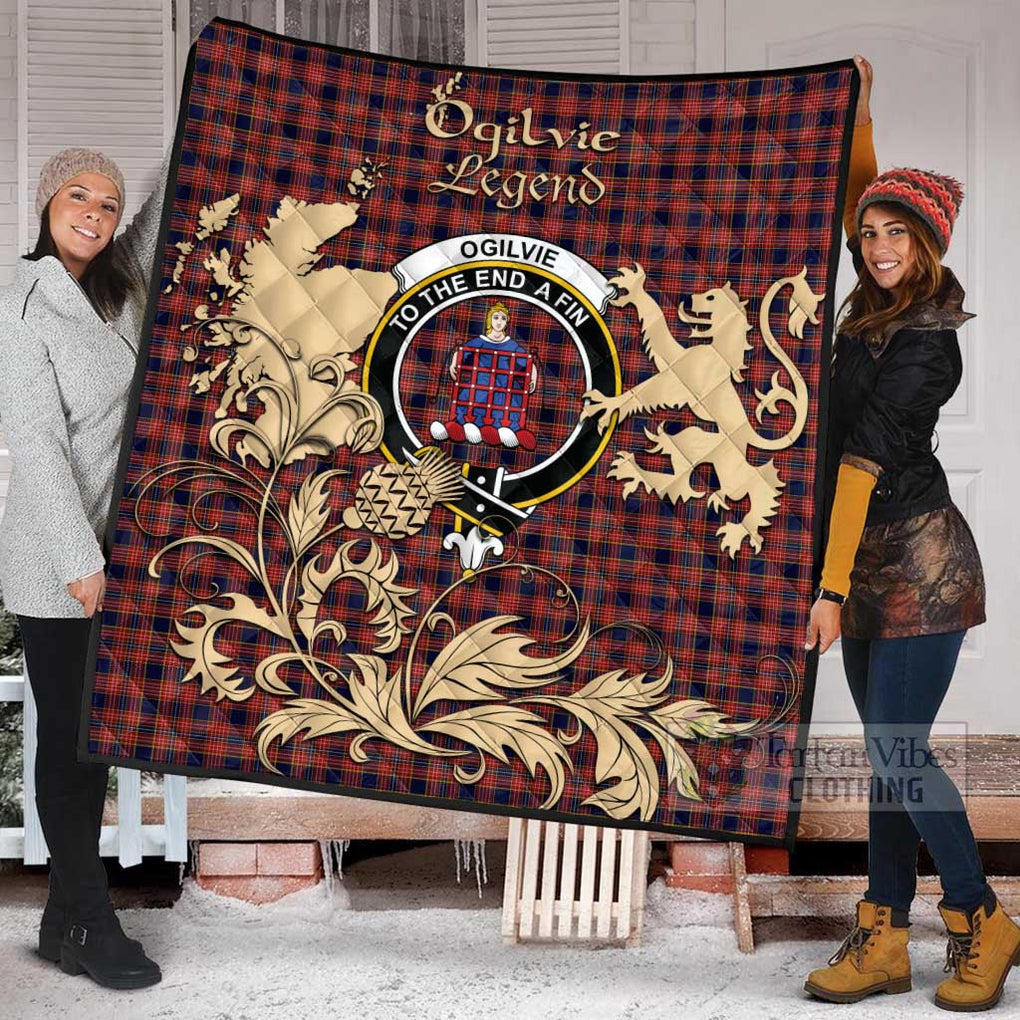 Tartan Vibes Clothing Ogilvie (Ogilvy) Tartan Quilt with Family Crest and Scottish Symbol Style