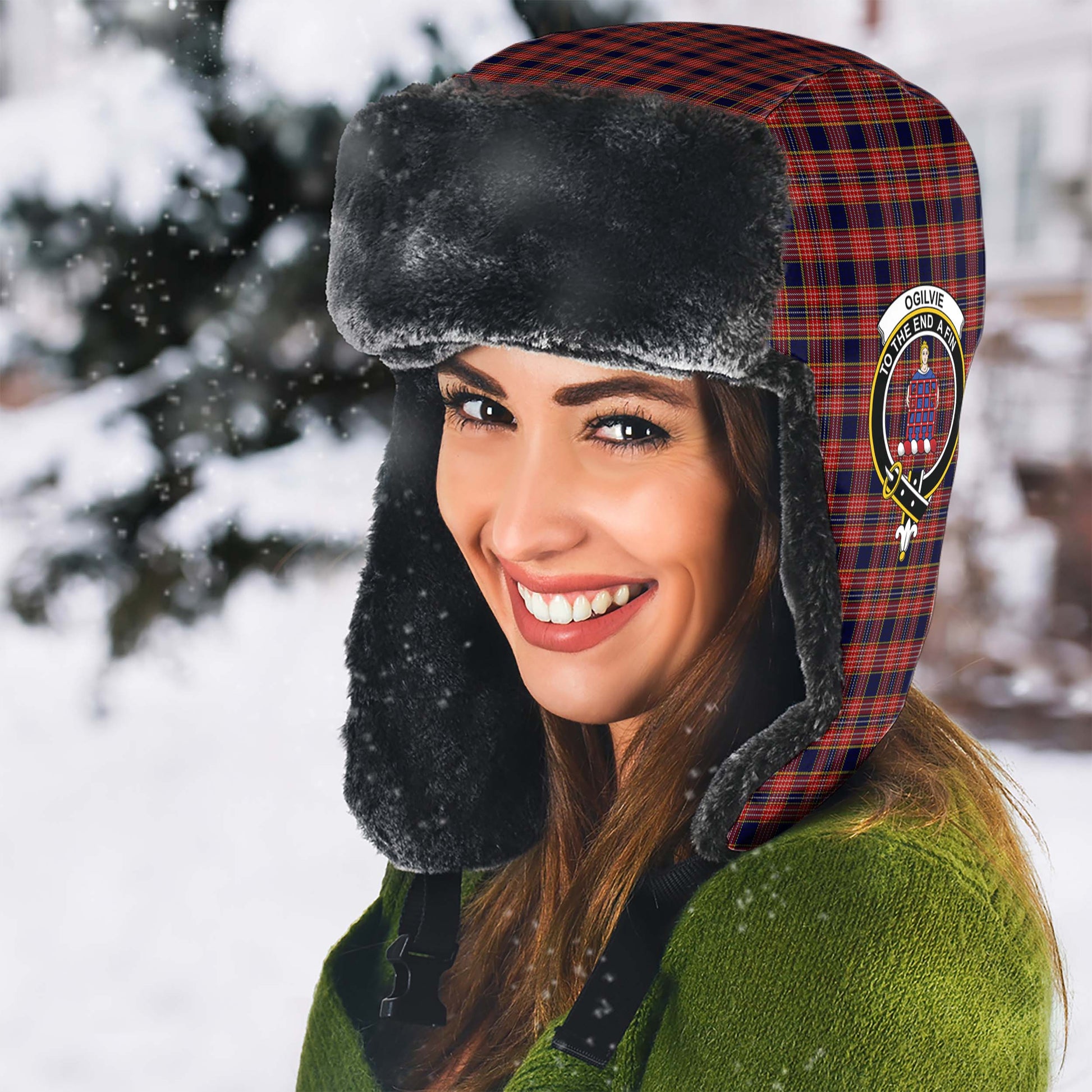 Ogilvie (Ogilvy) Tartan Winter Trapper Hat with Family Crest - Tartan Vibes Clothing