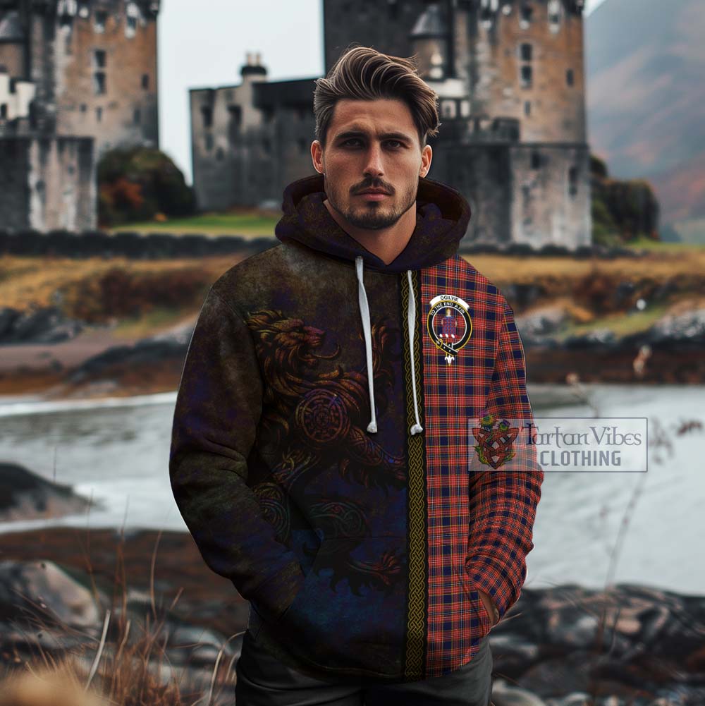 Tartan Vibes Clothing Ogilvie (Ogilvy) Tartan Family Crest Cotton Hoodie Alba Gu Brath Be Brave Lion Ancient Style