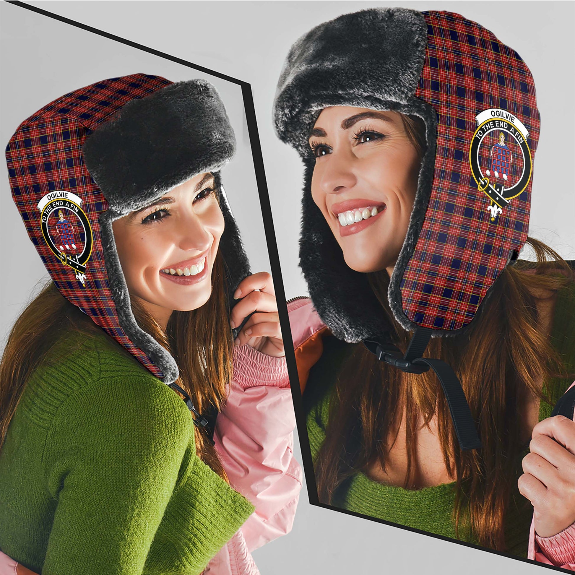 Ogilvie (Ogilvy) Tartan Winter Trapper Hat with Family Crest - Tartan Vibes Clothing