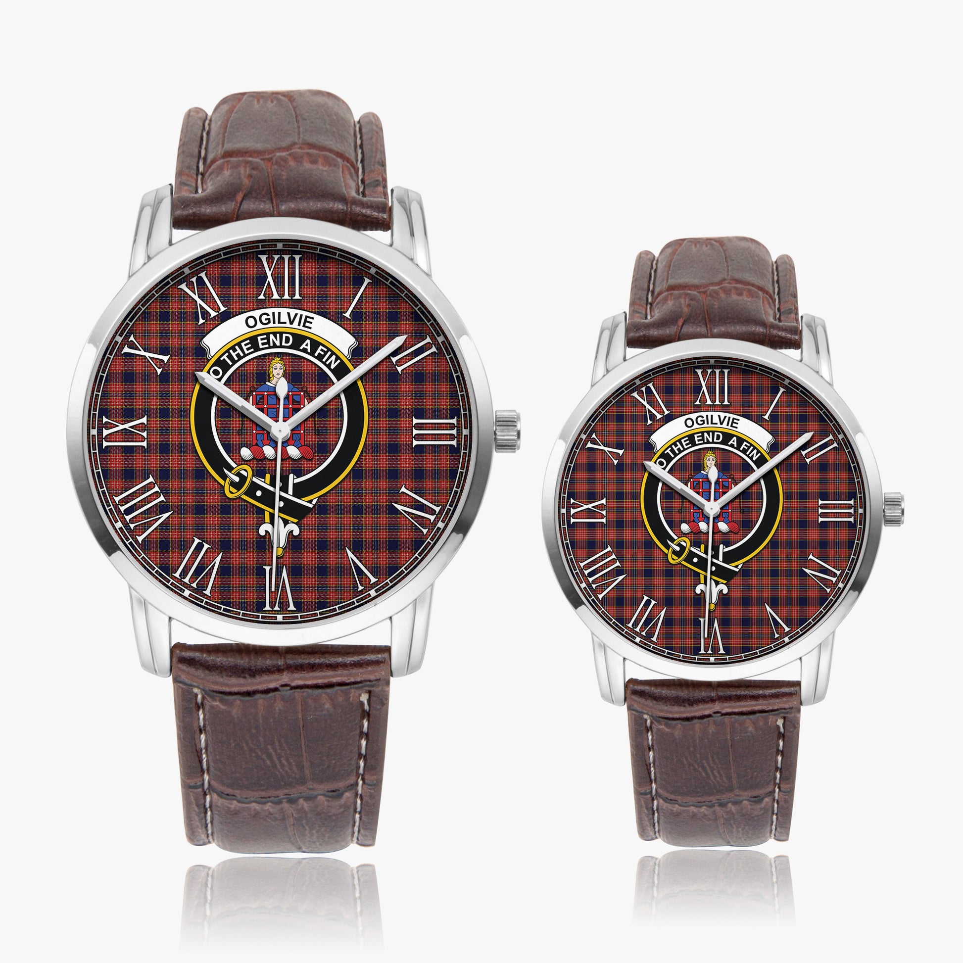 Ogilvie (Ogilvy) Tartan Family Crest Leather Strap Quartz Watch - Tartanvibesclothing