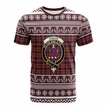 Ogilvie (Ogilvy) Clan Tartan Christmas Cotton T-shirt with Family Crest