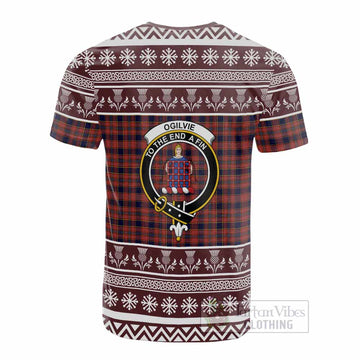 Ogilvie (Ogilvy) Clan Tartan Christmas Cotton T-shirt with Family Crest