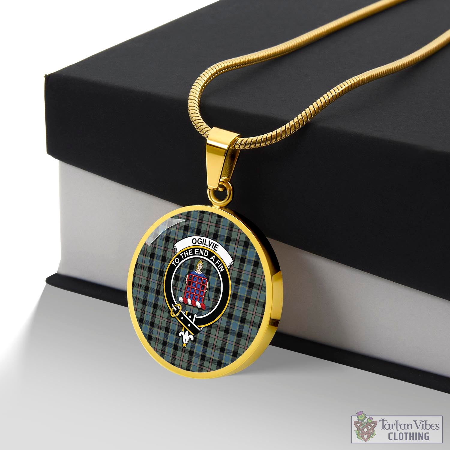 Tartan Vibes Clothing Ogilvie (Ogilvy) Hunting Tartan Circle Necklace with Family Crest
