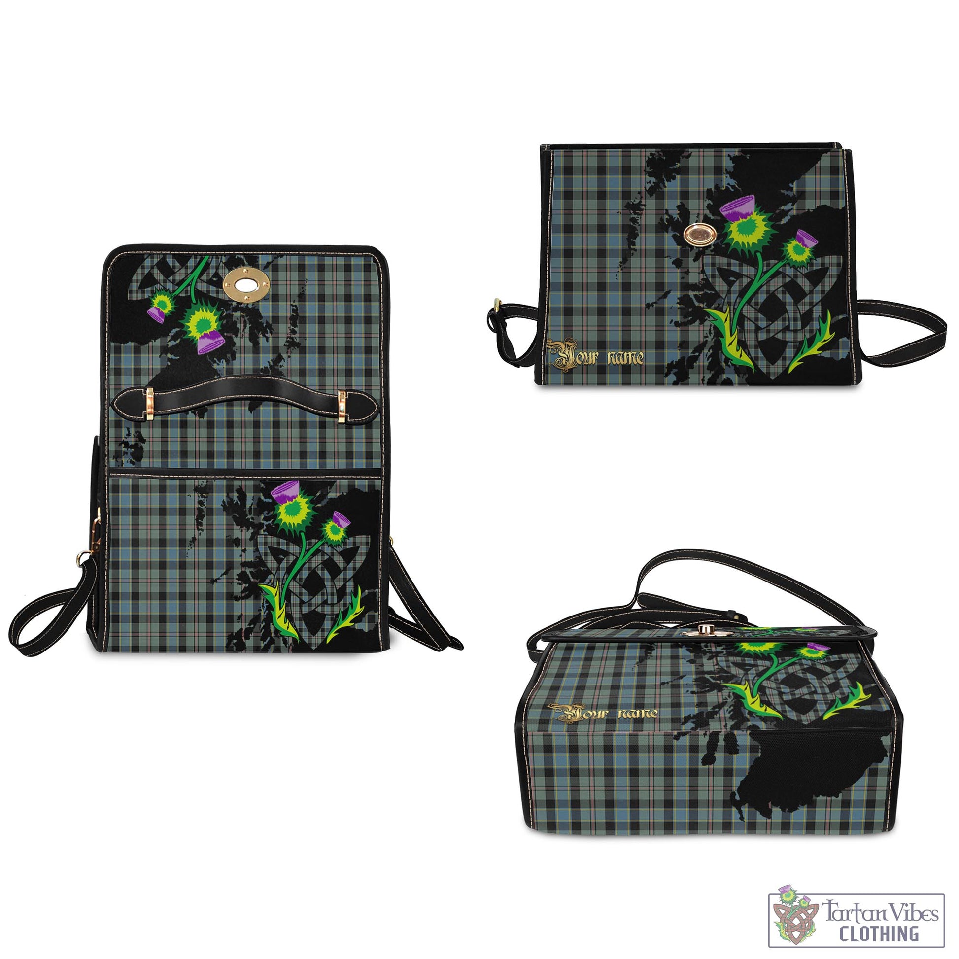 Tartan Vibes Clothing Ogilvie (Ogilvy) Hunting Tartan Waterproof Canvas Bag with Scotland Map and Thistle Celtic Accents