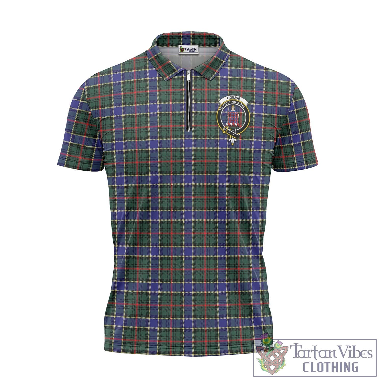 Tartan Vibes Clothing Ogilvie (Ogilvy) Hunting Modern Tartan Zipper Polo Shirt with Family Crest
