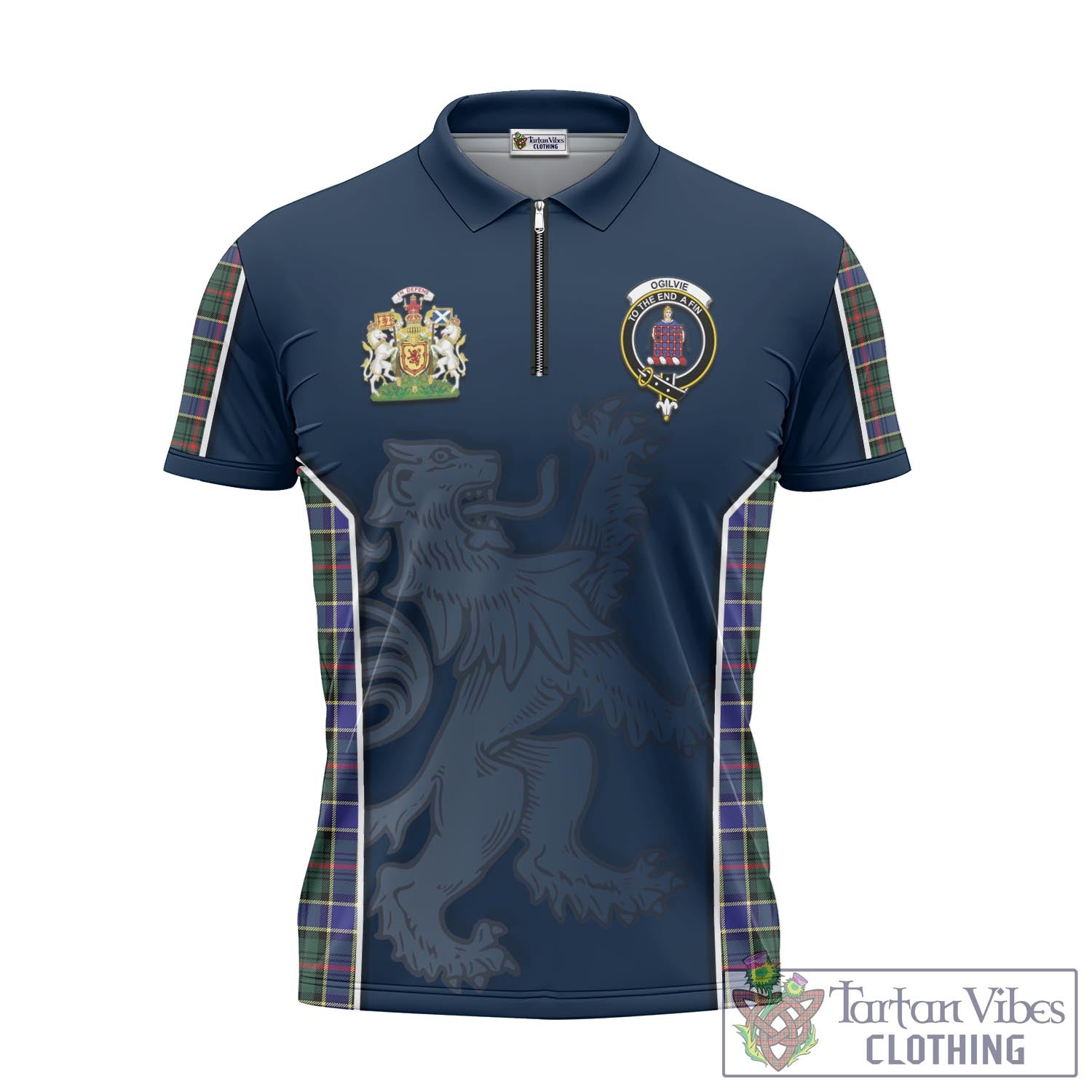 Tartan Vibes Clothing Ogilvie (Ogilvy) Hunting Modern Tartan Zipper Polo Shirt with Family Crest and Lion Rampant Vibes Sport Style