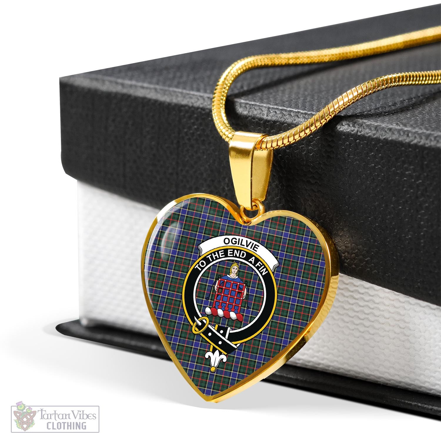 Tartan Vibes Clothing Ogilvie (Ogilvy) Hunting Modern Tartan Heart Necklace with Family Crest