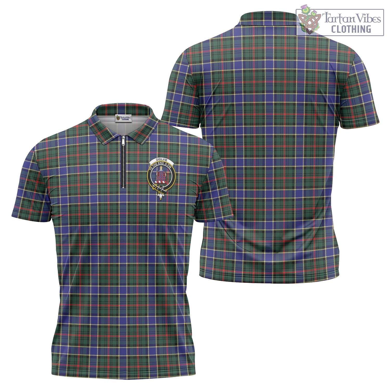 Tartan Vibes Clothing Ogilvie (Ogilvy) Hunting Modern Tartan Zipper Polo Shirt with Family Crest