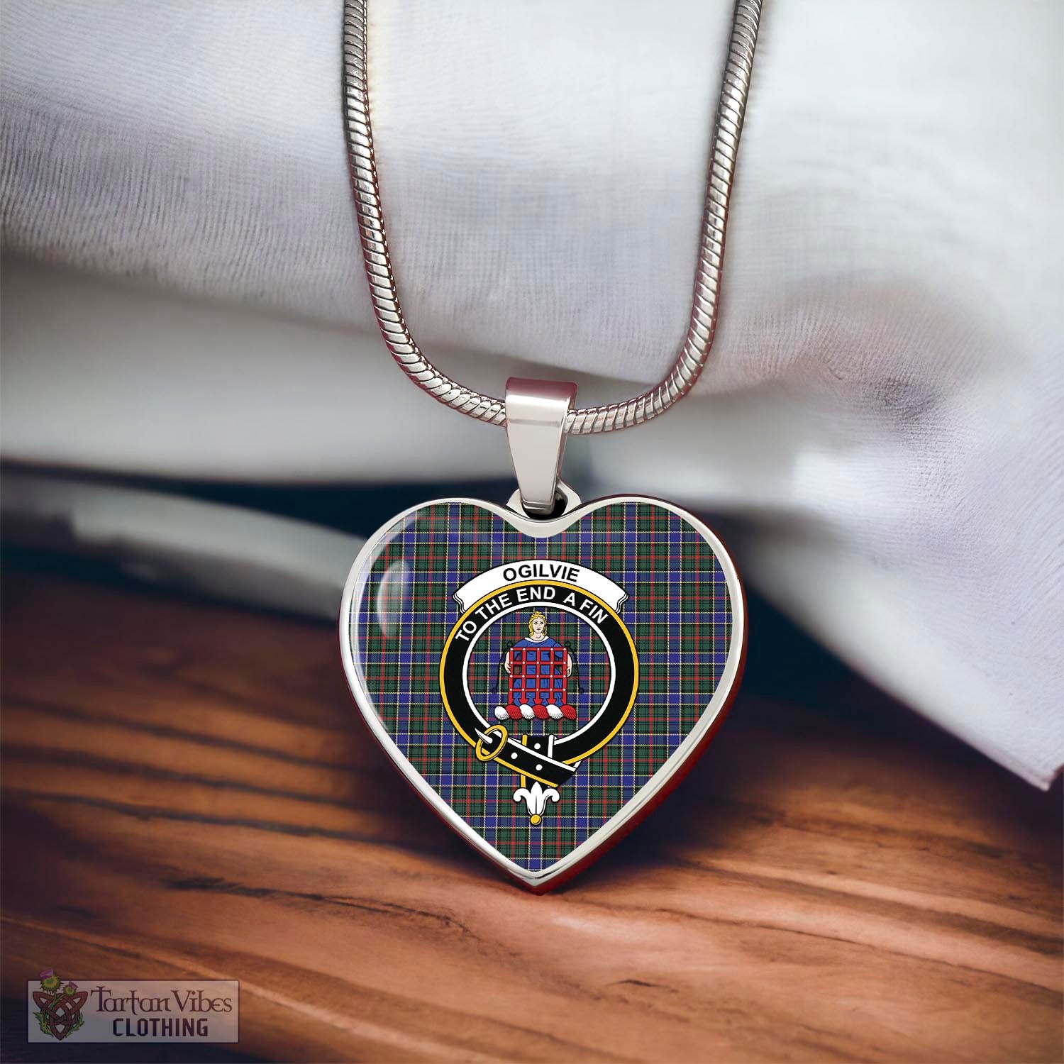 Tartan Vibes Clothing Ogilvie (Ogilvy) Hunting Modern Tartan Heart Necklace with Family Crest