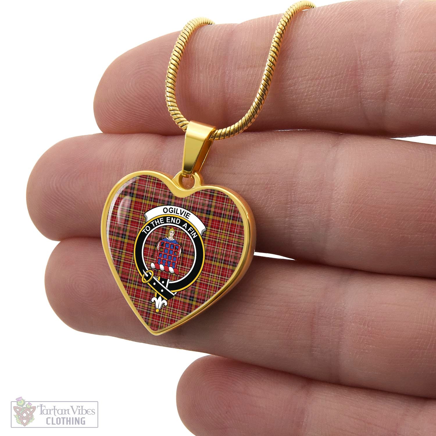 Tartan Vibes Clothing Ogilvie (Ogilvy) of Strathallan Tartan Heart Necklace with Family Crest