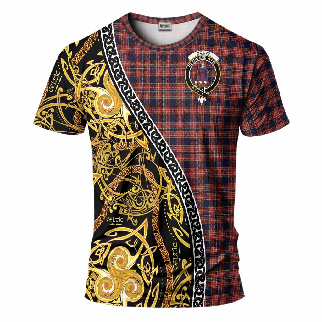 Ogilvie (Ogilvy) Tartan Crest T-Shirt Celtic Knot and Triple Trickle Spiral Symbols