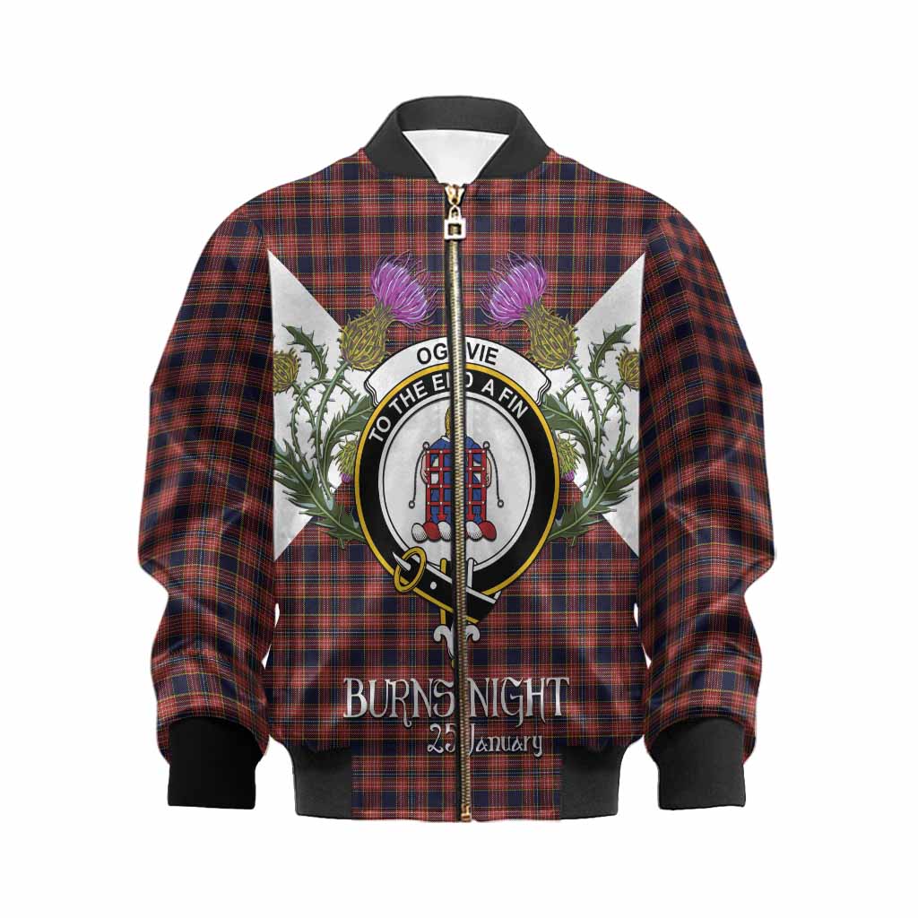 Ogilvie (Ogilvy) Tartan Family Crest Kid Bomber Jacket Scottish Burns Night Thistle Floral