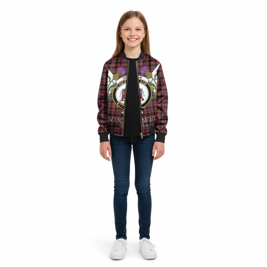 Ogilvie (Ogilvy) Tartan Family Crest Kid Bomber Jacket Scottish Burns Night Thistle Floral