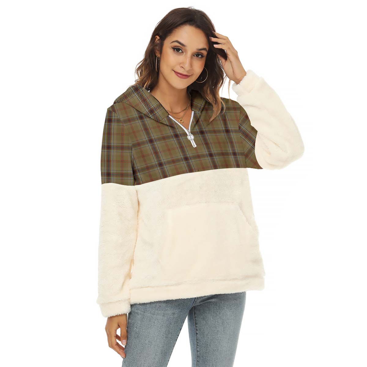 O'Keefe Tartan Half Style Women's Borg Fleece Hoodie with Half Zip Female - Tartan Vibes Clothing