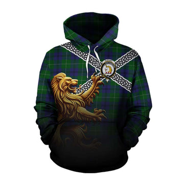 Tartan Vibes Clothing Oliphant Crest Tartan Cotton Hoodie with Golden Lion Emblem Celtic Style