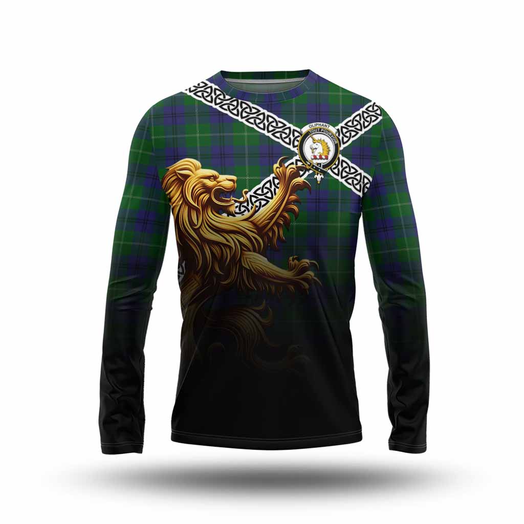 Oliphant Crest Tartan Long Sleeve T-Shirt with Golden Lion Emblem Celtic Style Unisex - Tartan Vibes Clothing