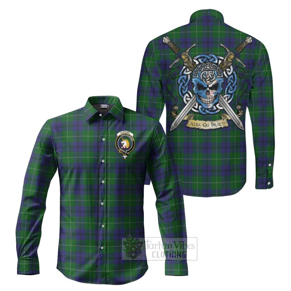 Oliphant Tartan Long Sleeve Button Shirt with Family Crest Celtic Skull Style Men's Shirt S - Tartan Vibes Clothing