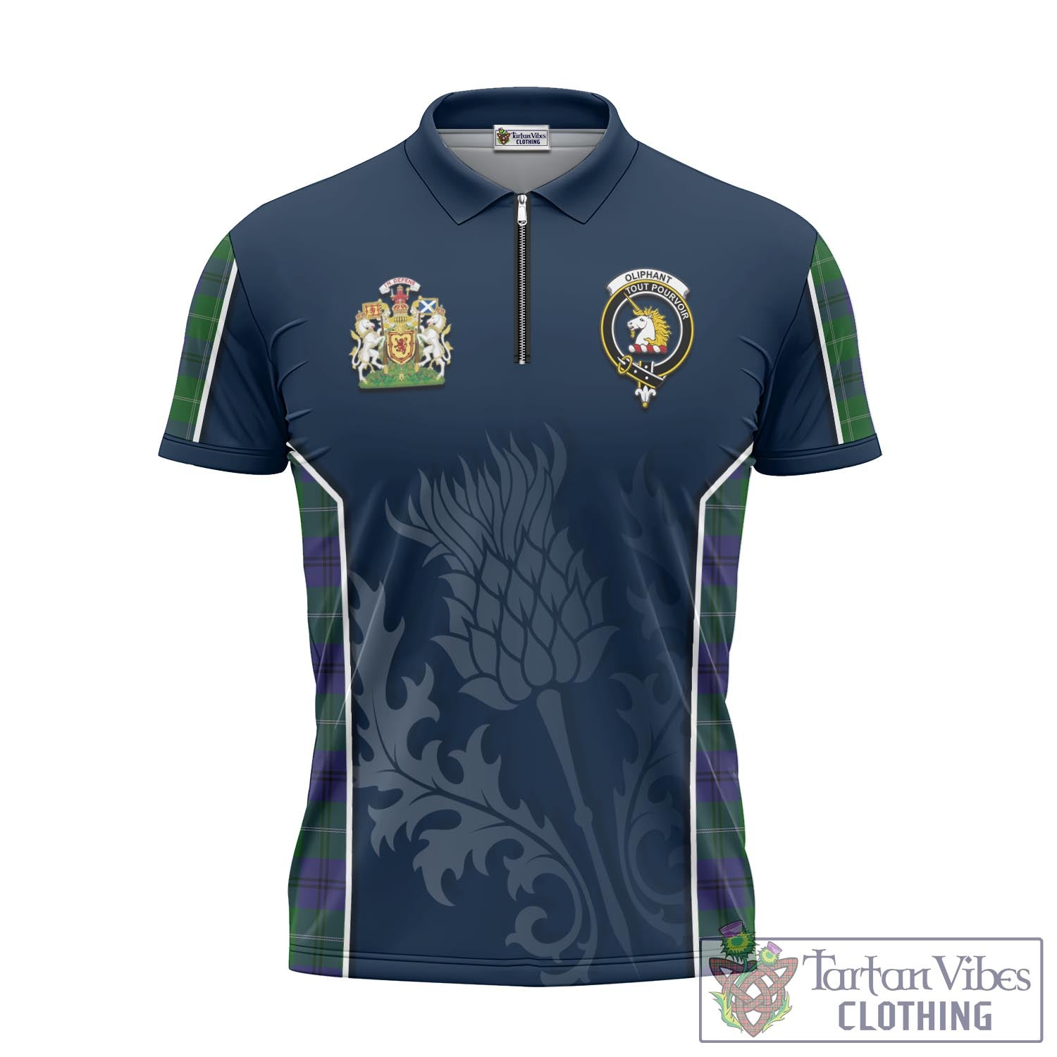 Tartan Vibes Clothing Oliphant Tartan Zipper Polo Shirt with Family Crest and Scottish Thistle Vibes Sport Style