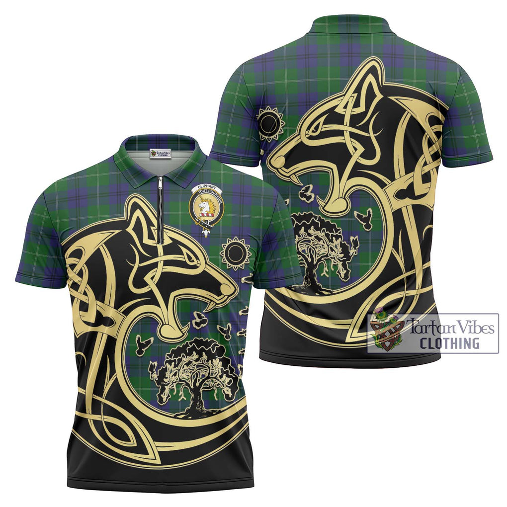 Oliphant Tartan Zipper Polo Shirt with Family Crest Celtic Wolf Style Unisex - Tartan Vibes Clothing