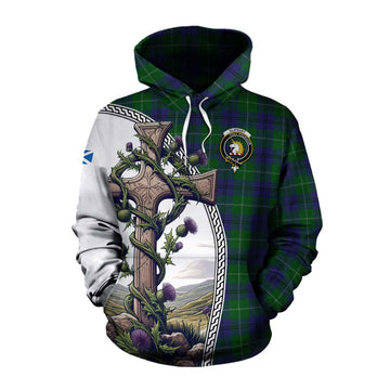 Tartan Vibes Clothing Oliphant Tartan Cotton Hoodie with Family Crest and St. Andrew's Cross Accented by Thistle Vines
