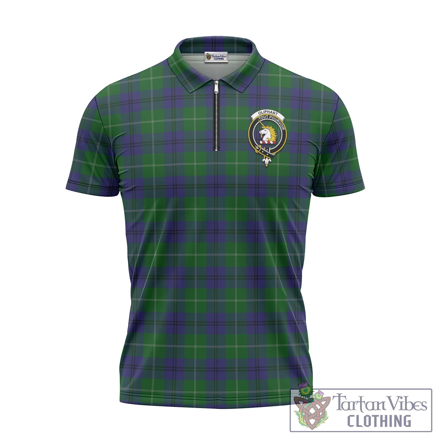 Oliphant Tartan Zipper Polo Shirt with Family Crest Unisex - Tartan Vibes Clothing