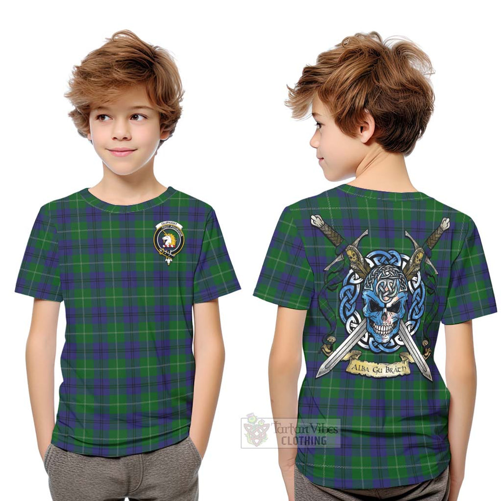 Oliphant Tartan Kid T-Shirt with Family Crest Celtic Skull Style Youth XL Size14 - Tartan Vibes Clothing
