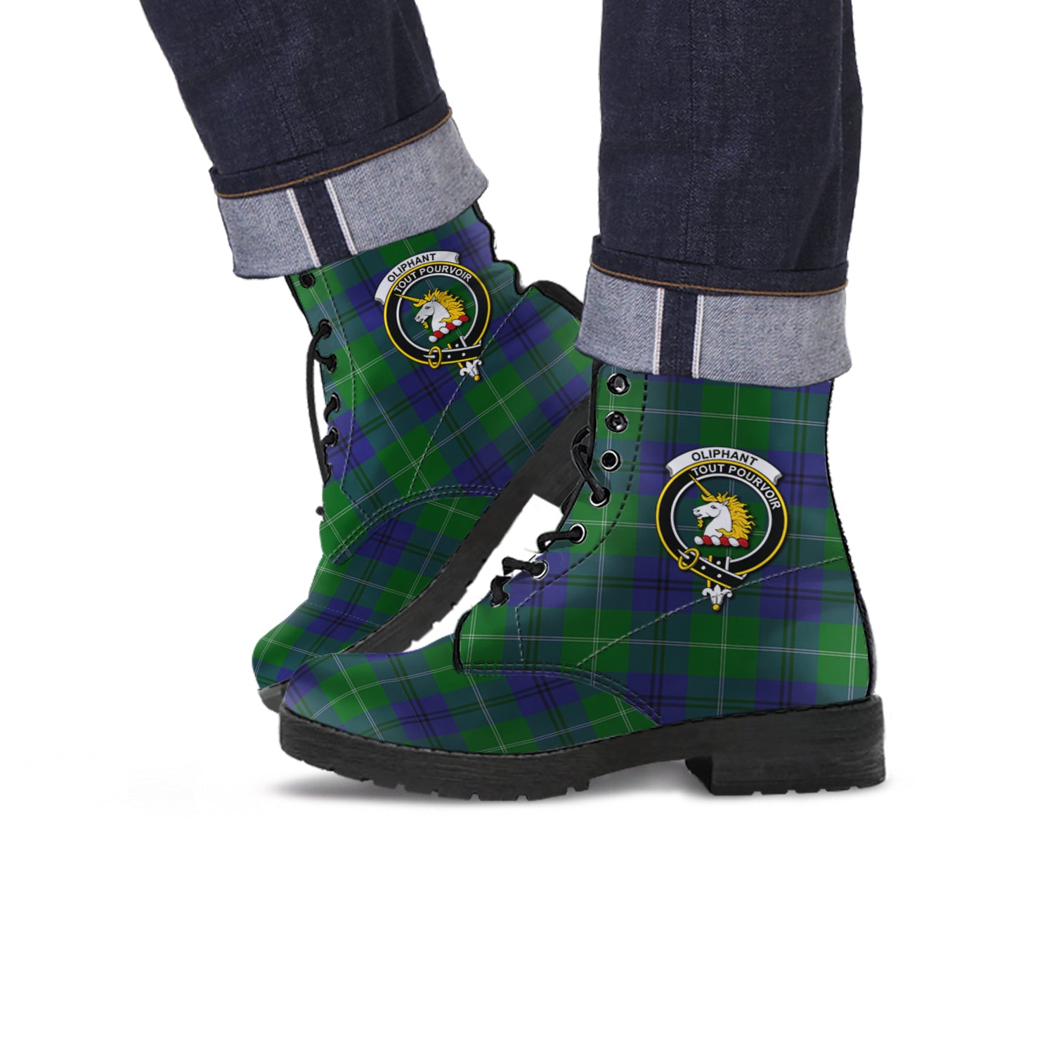 Oliphant Tartan Leather Boots with Family Crest Men' Boots - Tartan Vibes Clothing