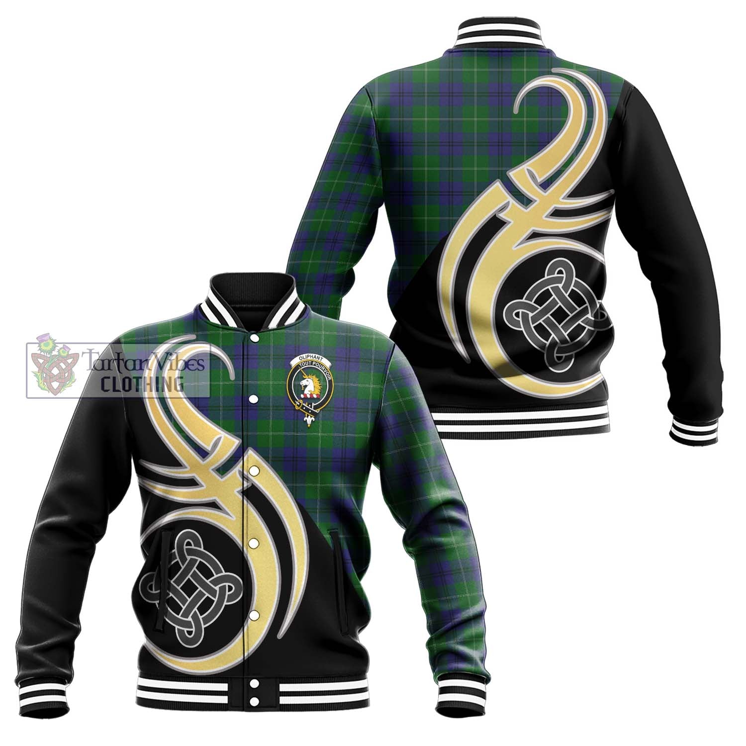 Oliphant Tartan Baseball Jacket with Family Crest and Celtic Symbol Style Unisex - Tartan Vibes Clothing