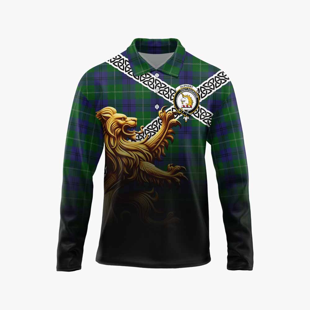 Oliphant Crest Tartan Long Sleeve Polo Shirt with Golden Lion Emblem Celtic Style Unisex - Tartan Vibes Clothing