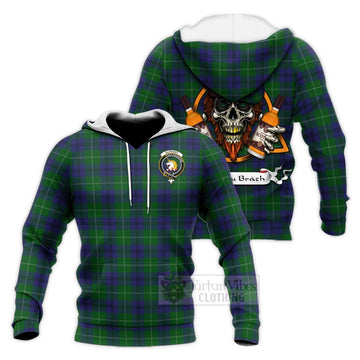 Oliphant Tartan Knitted Hoodie with Family Crest and Bearded Skull Holding Bottles of Whiskey Unisex Knitted Pullover Hoodie - Tartan Vibes Clothing