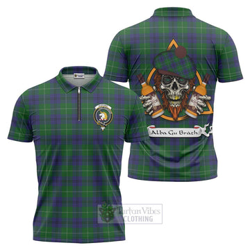 Oliphant Tartan Zipper Polo Shirt with Family Crest and Bearded Skull Holding Bottles of Whiskey Unisex - Tartan Vibes Clothing