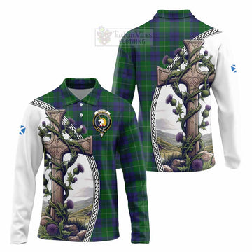 Oliphant Tartan Long Sleeve Polo Shirt with Family Crest and St. Andrew's Cross Accented by Thistle Vines Unisex - Tartan Vibes Clothing