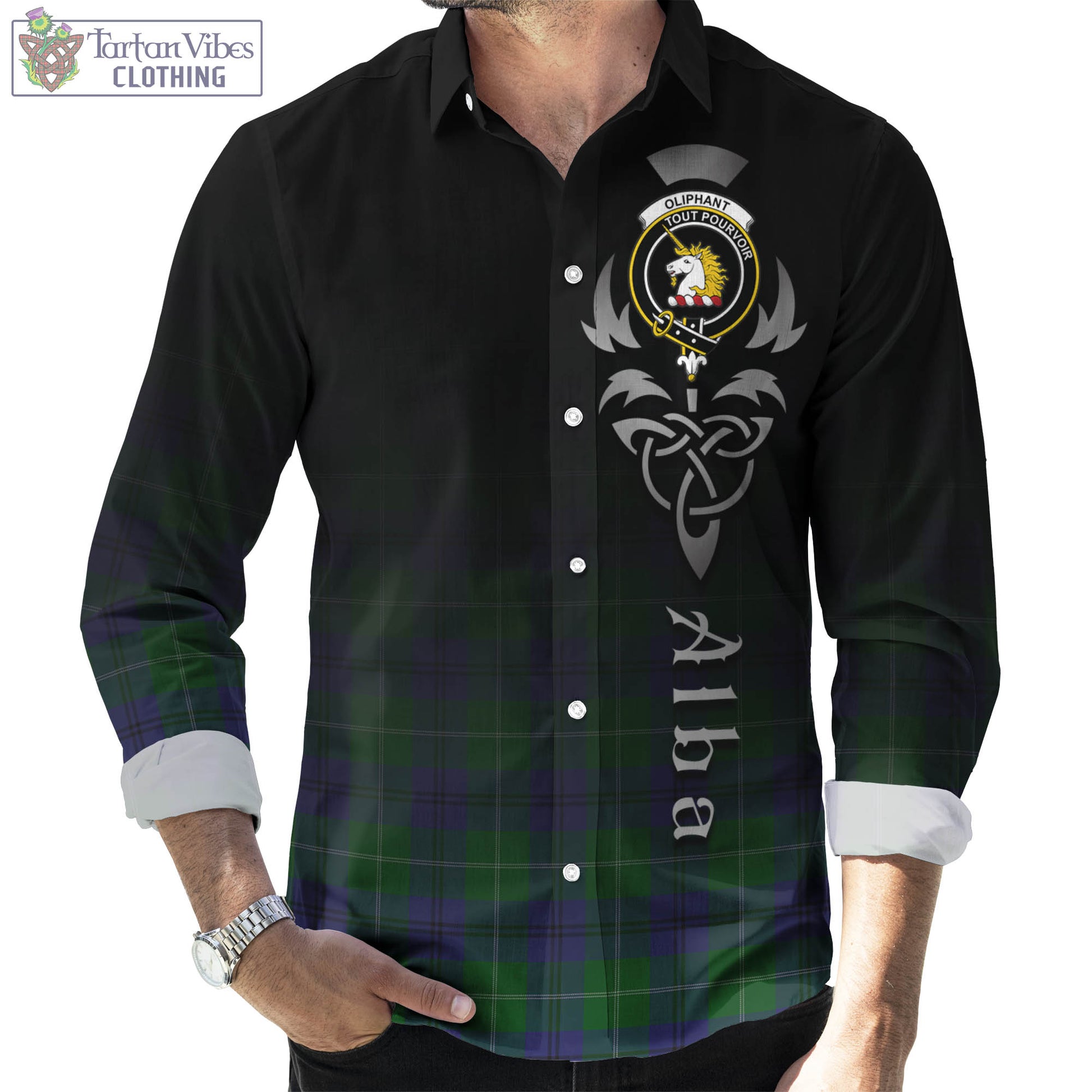 Oliphant Tartan Long Sleeve Button Up Featuring Alba Gu Brath Family Crest Celtic Inspired Men's Shirt - Tartan Vibes Clothing