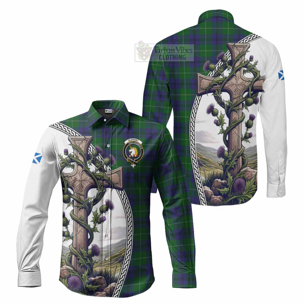 Oliphant Tartan Long Sleeve Button Shirt with Family Crest and St. Andrew's Cross Accented by Thistle Vines Men's Shirt S - Tartan Vibes Clothing