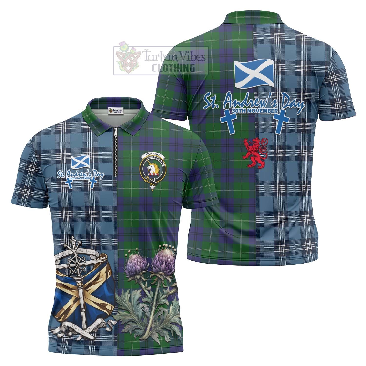 Oliphant Tartan Zipper Polo Shirt Happy St. Andrew's Day Half Tartan Style Unisex - Tartan Vibes Clothing