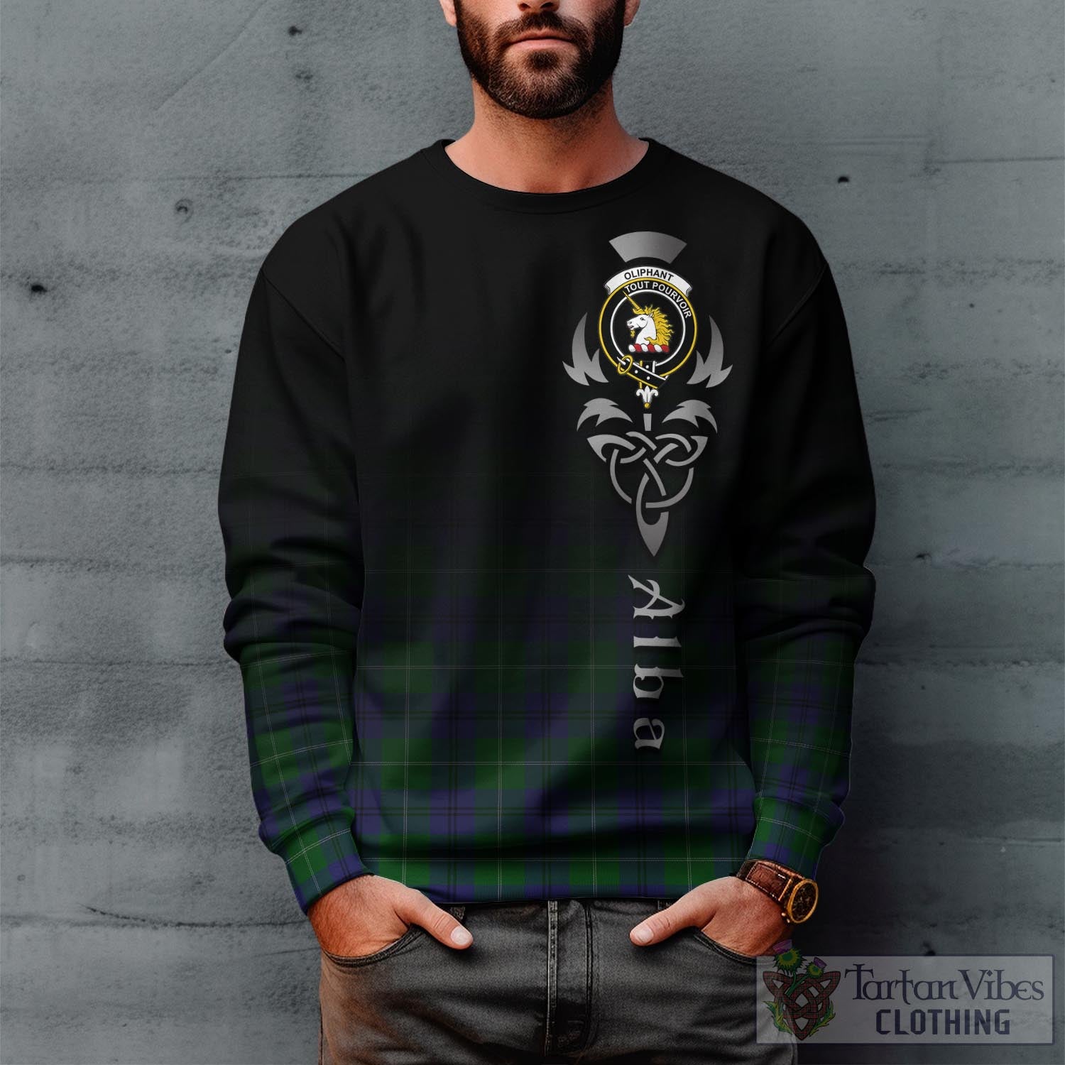 Tartan Vibes Clothing Oliphant Tartan Sweatshirt Featuring Alba Gu Brath Family Crest Celtic Inspired