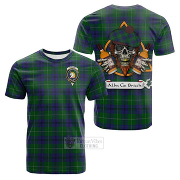 Oliphant Tartan Cotton T-shirt with Family Crest and Bearded Skull Holding Bottles of Whiskey Kid's Shirt - Tartan Vibes Clothing