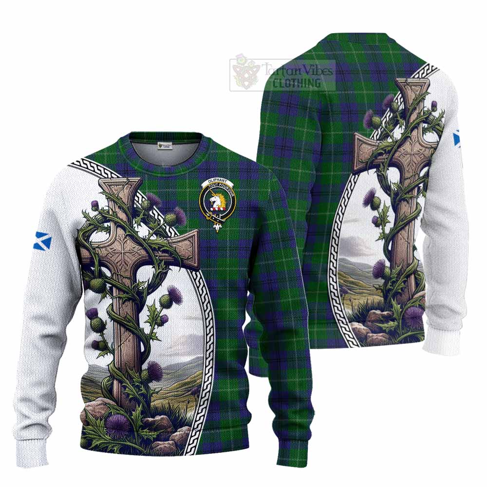 Oliphant Tartan Knitted Sweater with Family Crest and St. Andrew's Cross Accented by Thistle Vines Unisex - Tartan Vibes Clothing