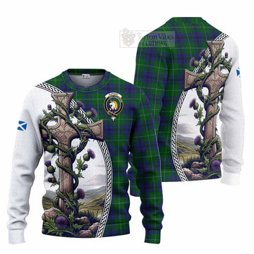 Oliphant Tartan Knitted Sweater with Family Crest and St. Andrew's Cross Accented by Thistle Vines Unisex - Tartan Vibes Clothing