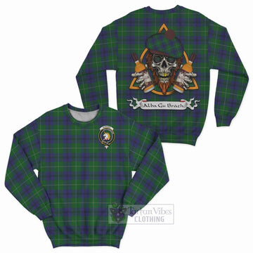Oliphant Tartan Sweatshirt with Family Crest and Bearded Skull Holding Bottles of Whiskey Unisex - Tartan Vibes Clothing