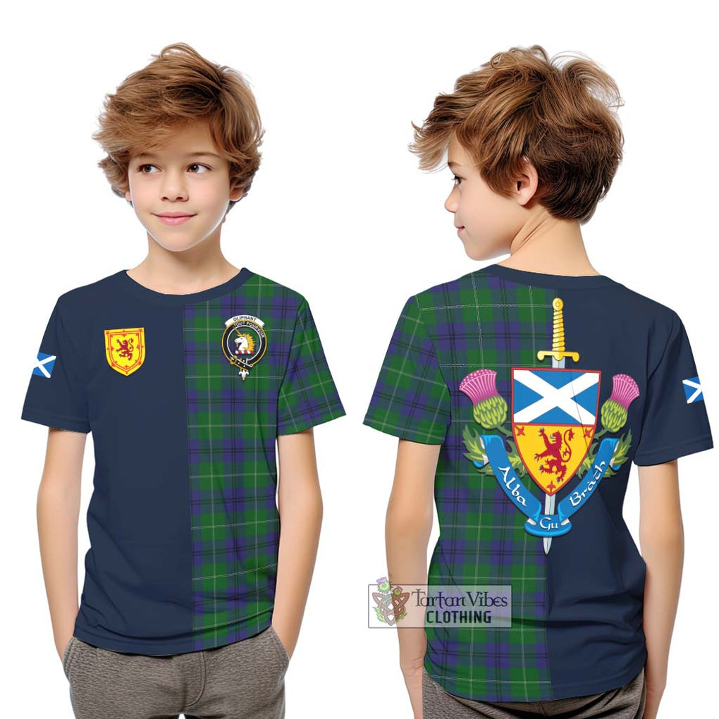 Oliphant Tartan Kid T-Shirt Alba with Scottish Lion Royal Arm Half Style Youth XL Size14 - Tartan Vibes Clothing