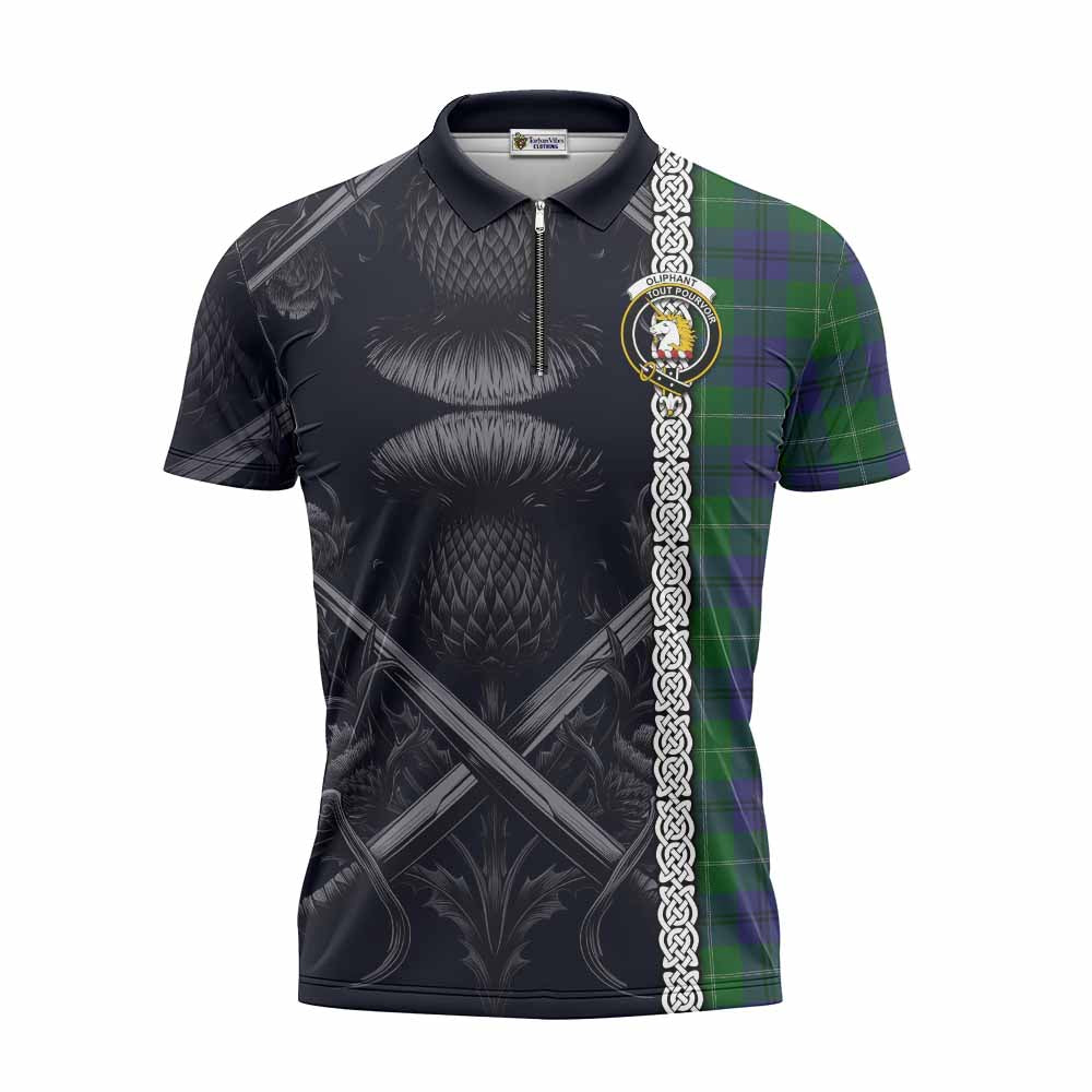 Oliphant Tartan Zipper Polo Shirt with Family Crest Cross Sword Thistle Celtic Vibes Unisex - Tartan Vibes Clothing