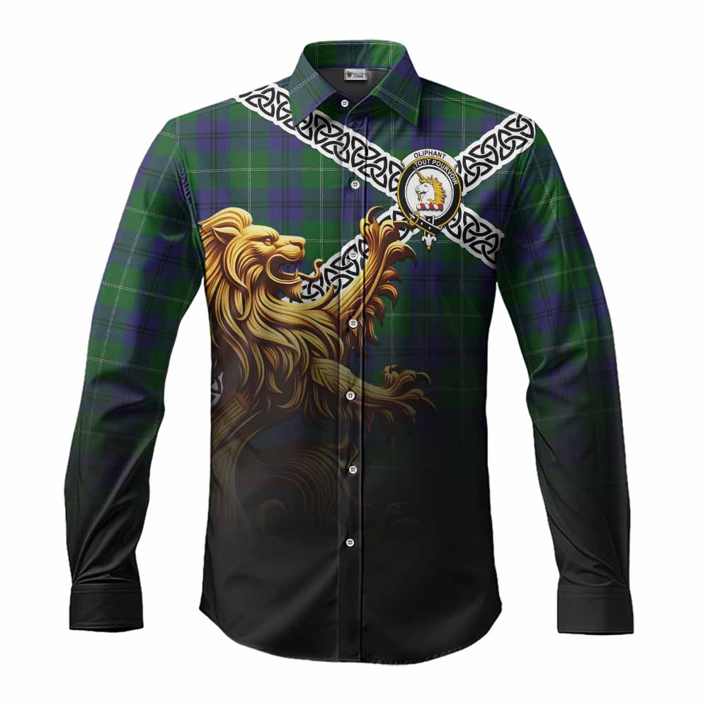 Oliphant Crest Tartan Long Sleeve Button Shirt with Golden Lion Emblem Celtic Style Men's Shirt S - Tartan Vibes Clothing