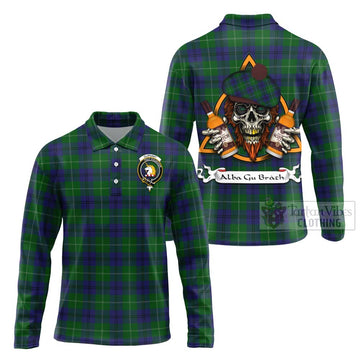 Oliphant Tartan Long Sleeve Polo Shirt with Family Crest and Bearded Skull Holding Bottles of Whiskey Unisex - Tartan Vibes Clothing