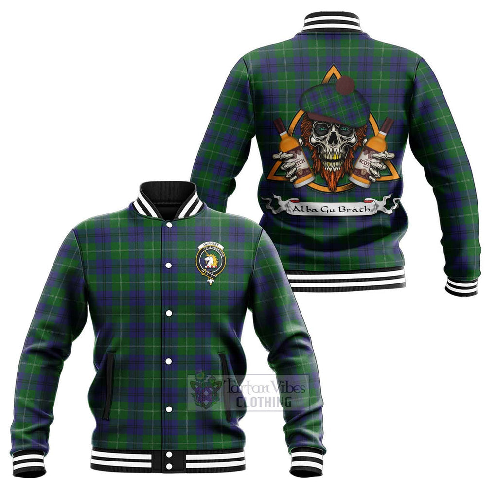 Oliphant Tartan Baseball Jacket with Family Crest and Bearded Skull Holding Bottles of Whiskey Unisex - Tartan Vibes Clothing
