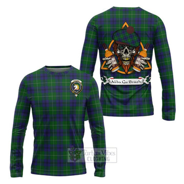 Oliphant Tartan Long Sleeve T-Shirt with Family Crest and Bearded Skull Holding Bottles of Whiskey Unisex - Tartan Vibes Clothing