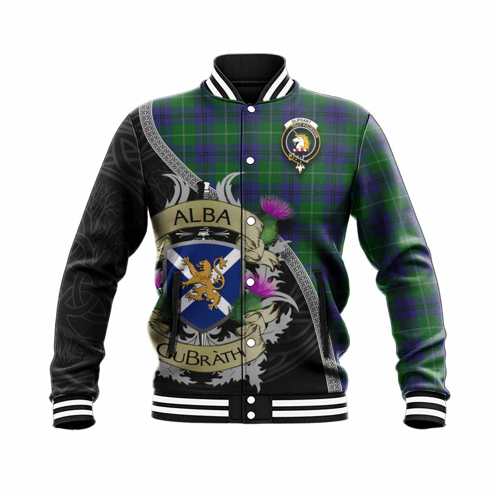 Oliphant Tartan Family Crest Baseball Jacket Lion Rampant Royal Thistle Shield Celtic Inspired Unisex - Tartan Vibes Clothing