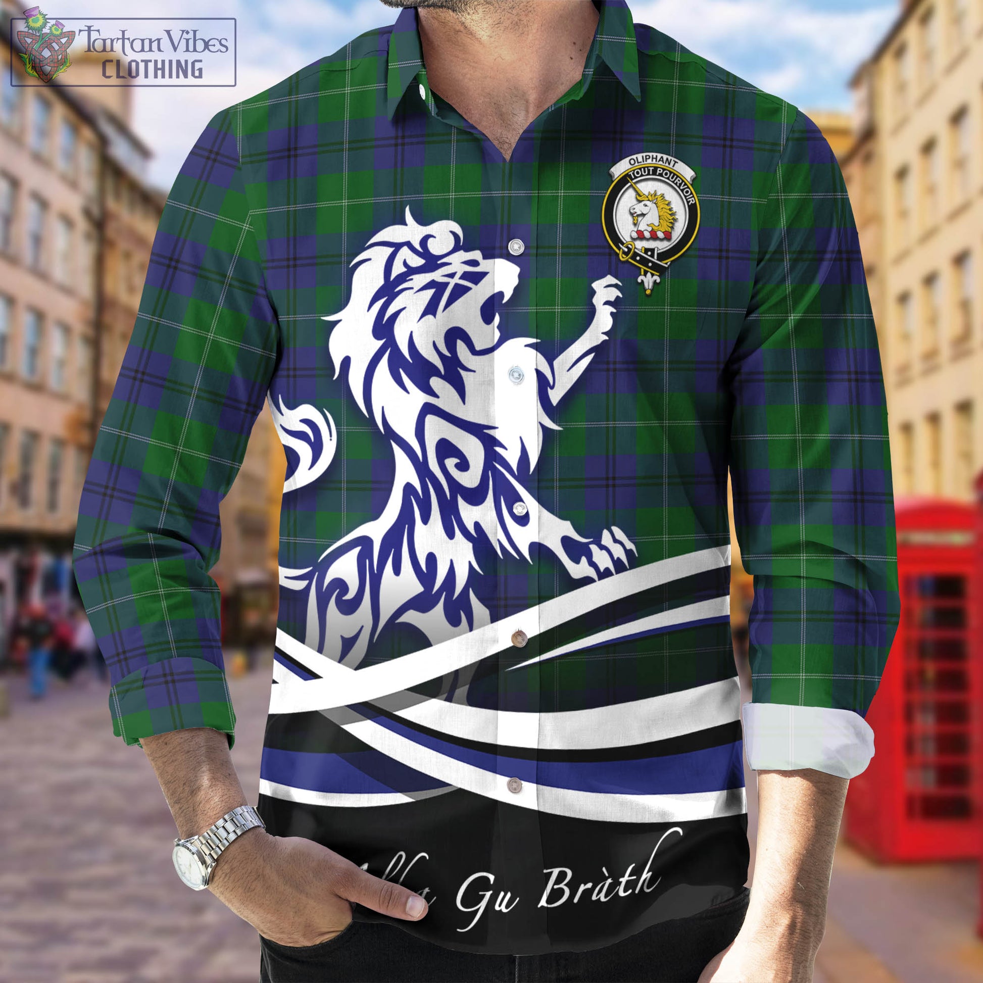 Oliphant Tartan Long Sleeve Button Up Shirt with Alba Gu Brath Regal Lion Emblem Men's Shirt - Tartan Vibes Clothing